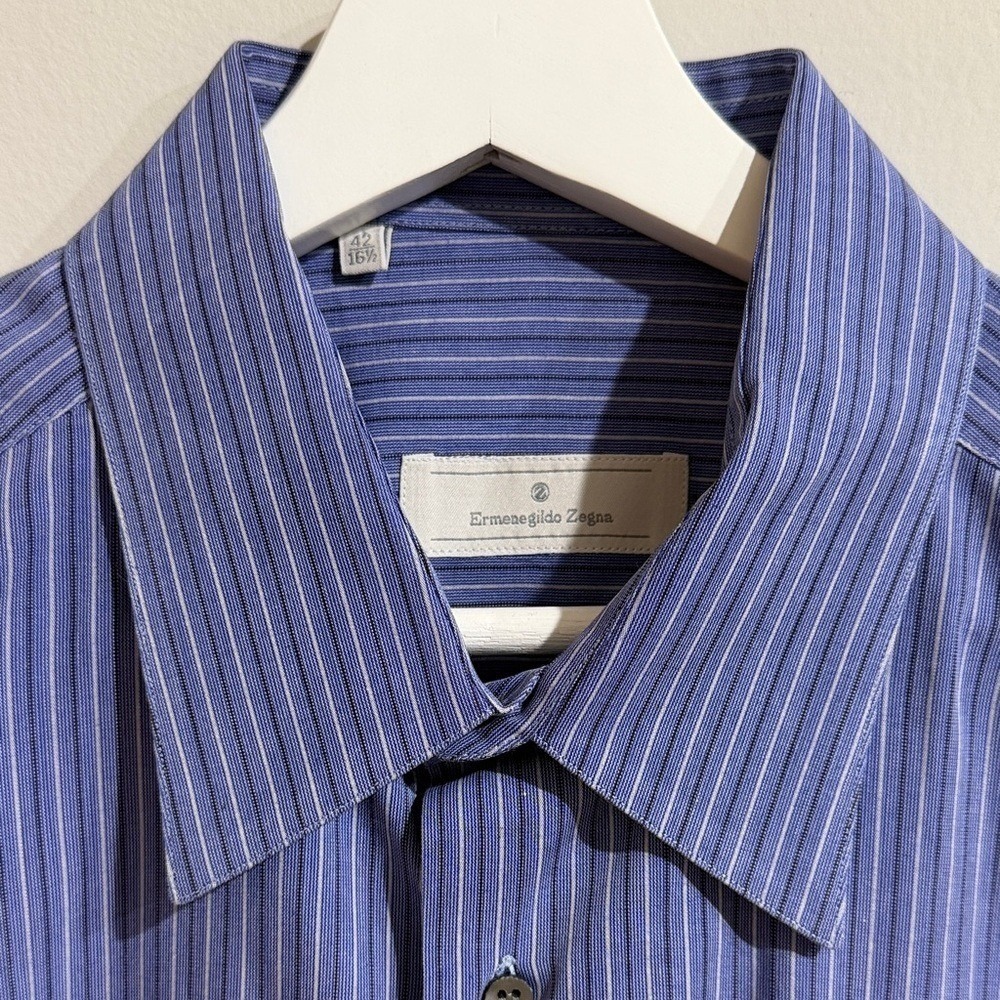 Ermenegildo Zegna Mens Blue White Striped Cotton Dress Shirt 16.5 42 Spain - Picture 2 of 14